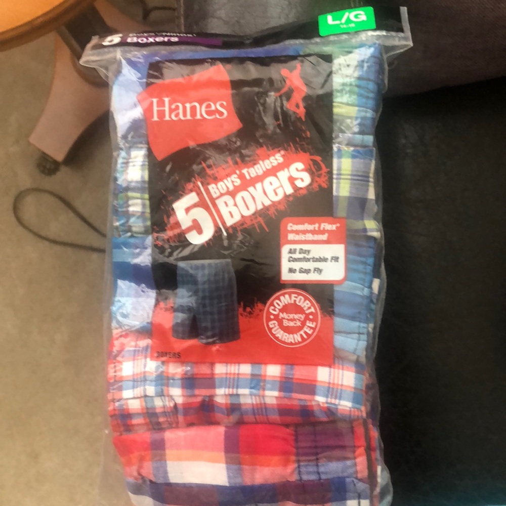 NWT Hanes Boys Boxers.  Five-pack.  Size large.
